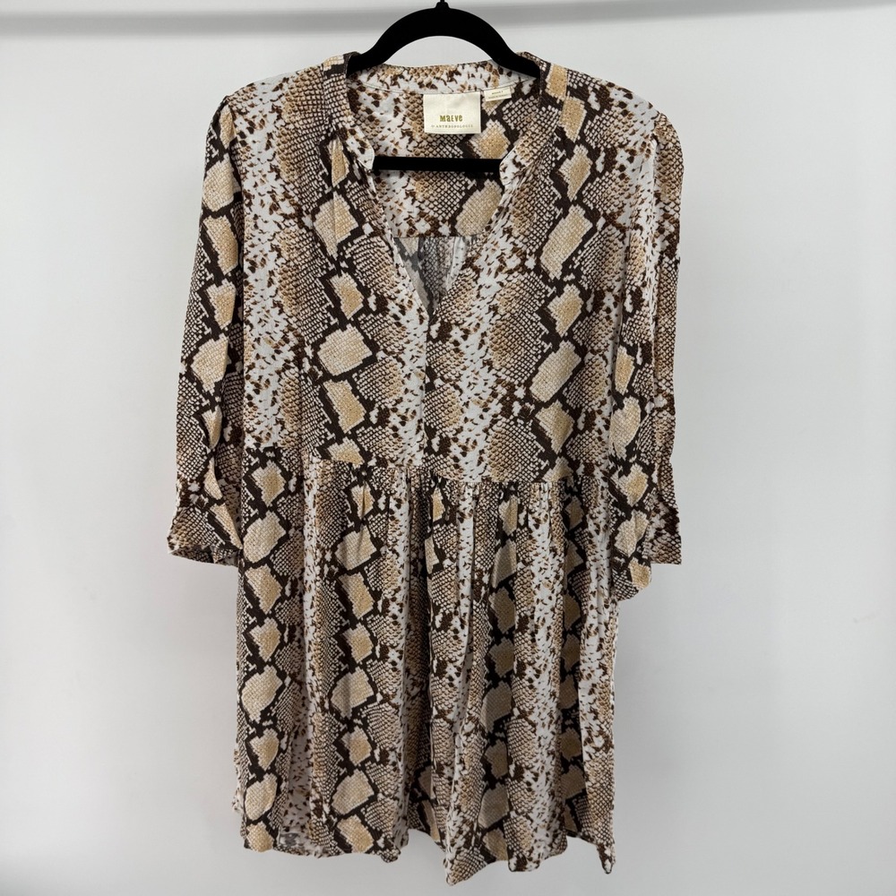 Maeve Anthropologie Women's Medium Petite Juno Tunic Dress White Brown Snakeskin